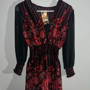 Love Tree Black Dress with Red Floral Print & V-Neck
